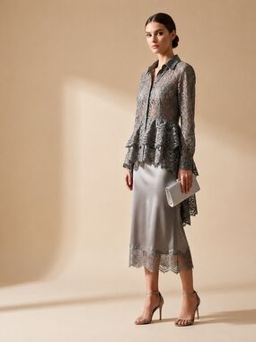Gray Lace Button Up Shirt Asymmetric Hem Gothic Vampire Dark Fairy Size Large